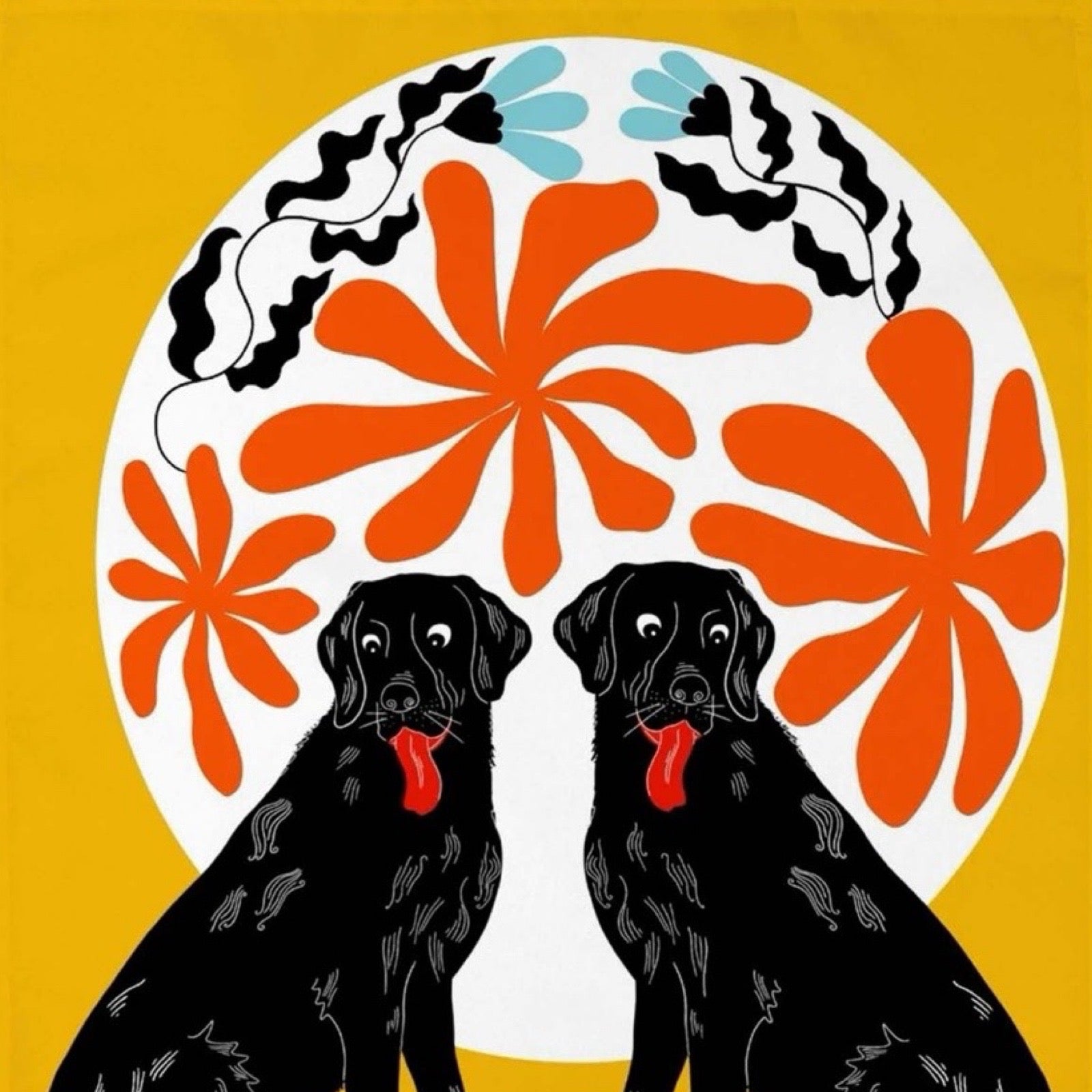 Tea towel of two black labrador dogs under the moon.