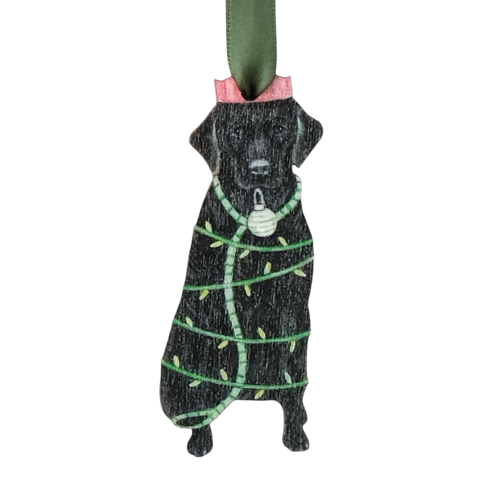 Wooden Christmas decoration of a black labrador wrapped in Christmas lights. 
