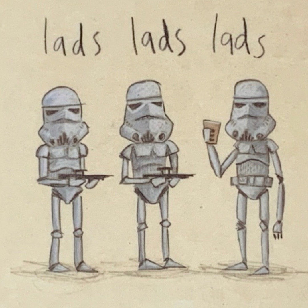 Three stormtroopers from Star Wars holding weapons with drinks on a beige background.