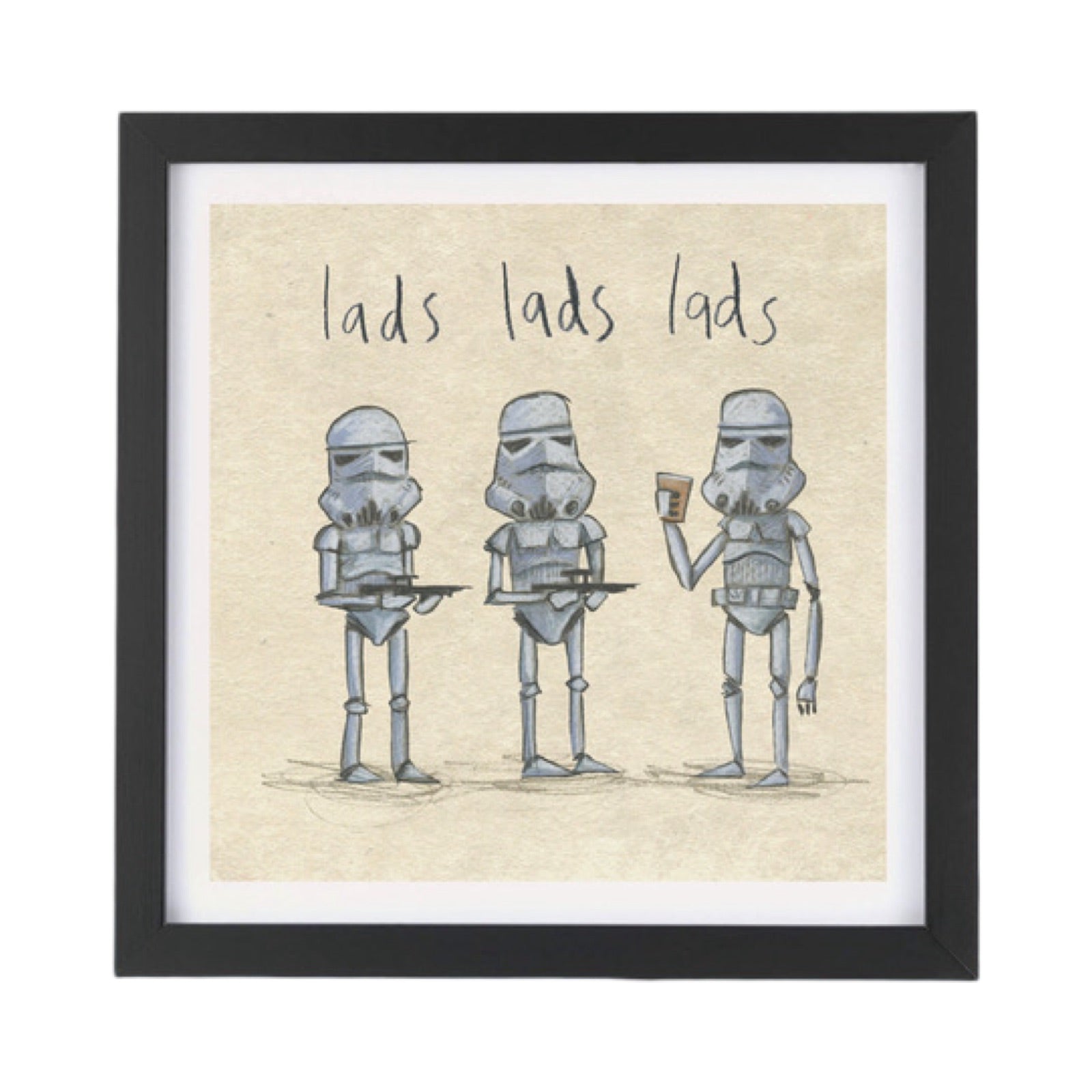 Square framed print featuring an illustration of three stormtroopers from Star Wars, two holding guns and the third holding a pint!
