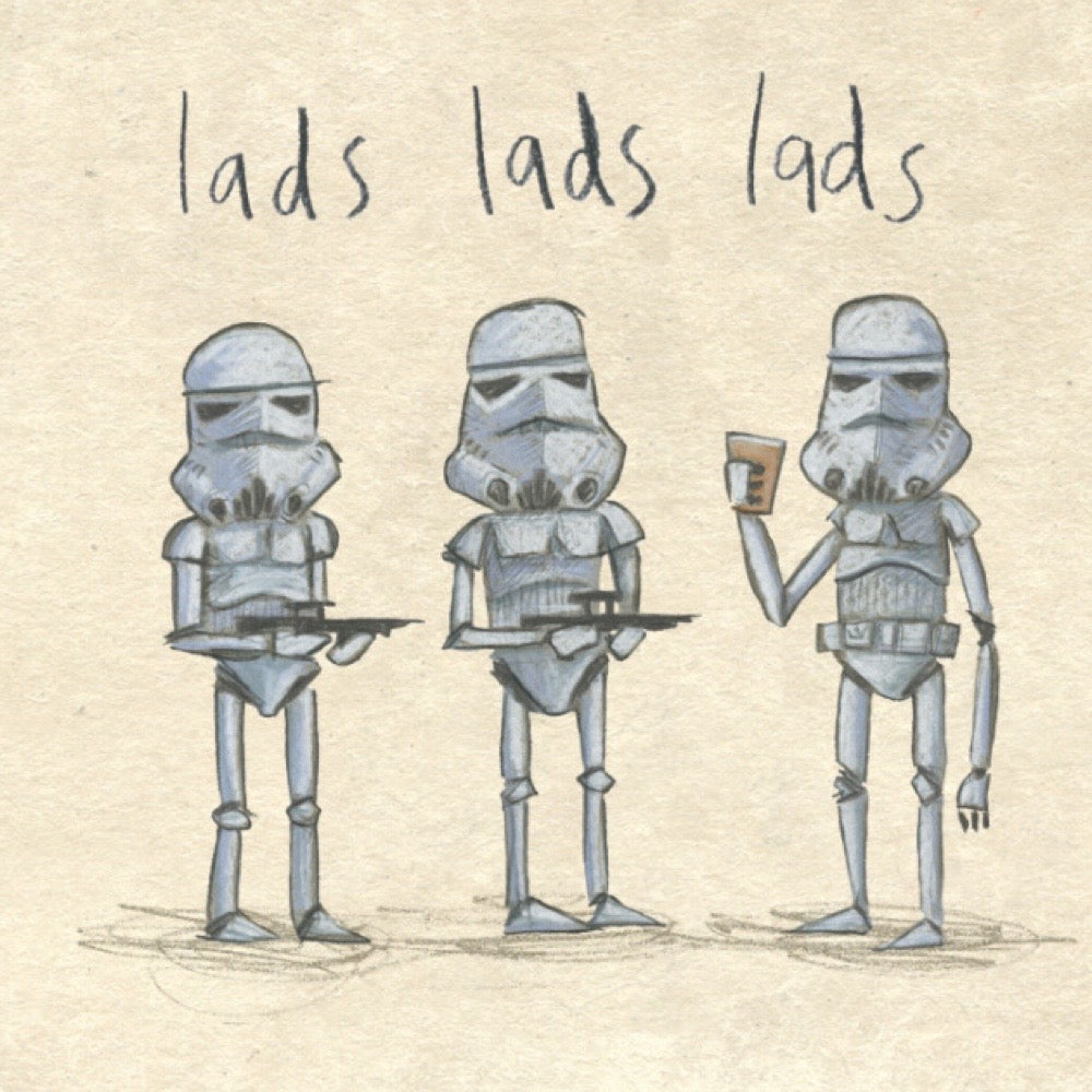 Square print featuring an illustration of three stormtroopers from Star Wars, two holding guns and the third holding a pint.