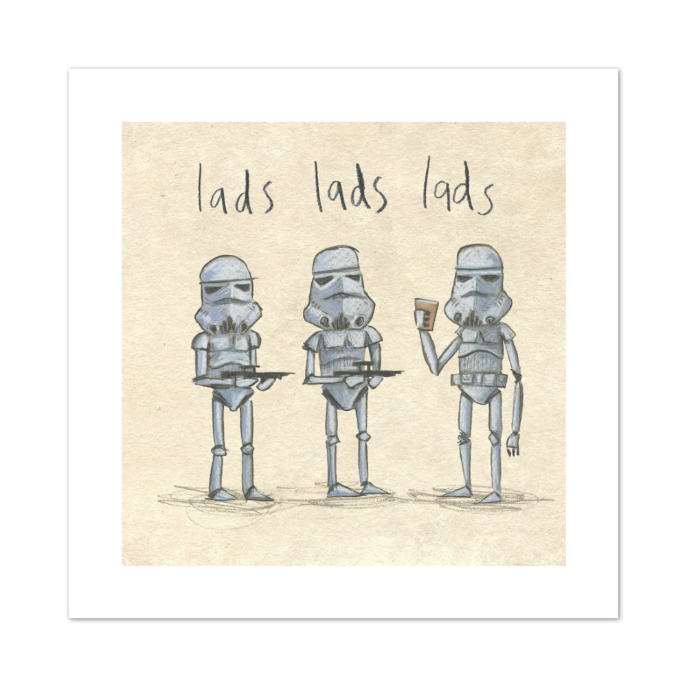 Square print featuring an illustration of three stormtroopers from Star Wars, two holding guns and the third holding a pint.