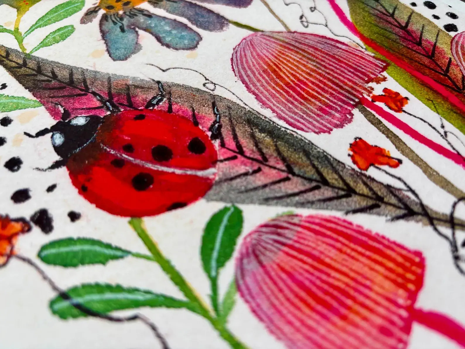 Illustration of a ladybug on a floral pattern.