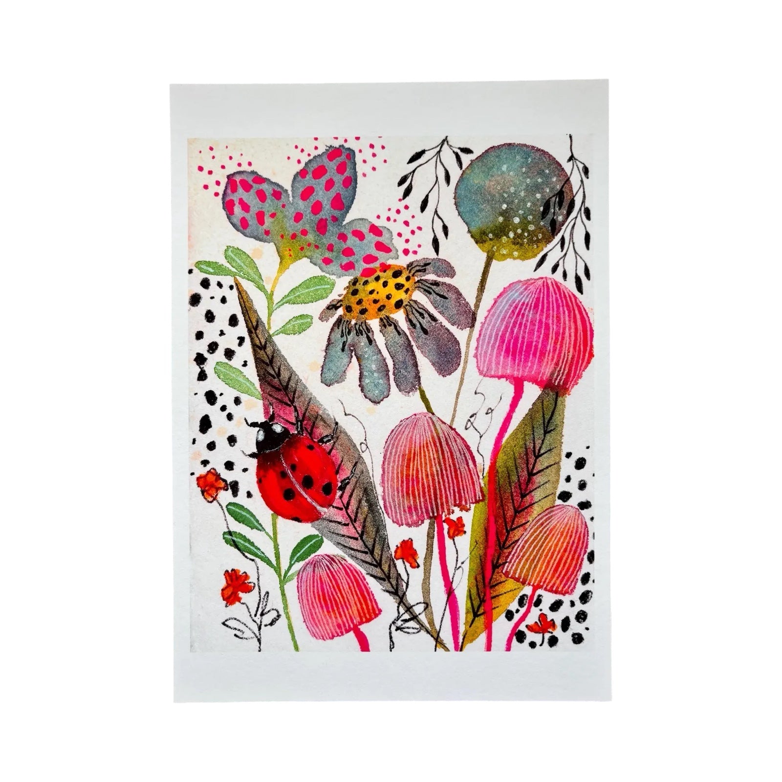 A vertical art print featuring a whimsical botanical illustration with mushrooms, a ladybug, and abstract flowers in pink, red, green, gray, and black on a white background.