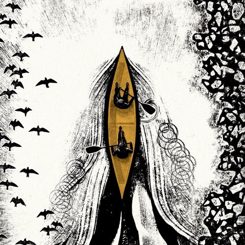 Monochrome print featuring a mustard-coloured two-man canoe being paddled down a river with birds flying overhead.