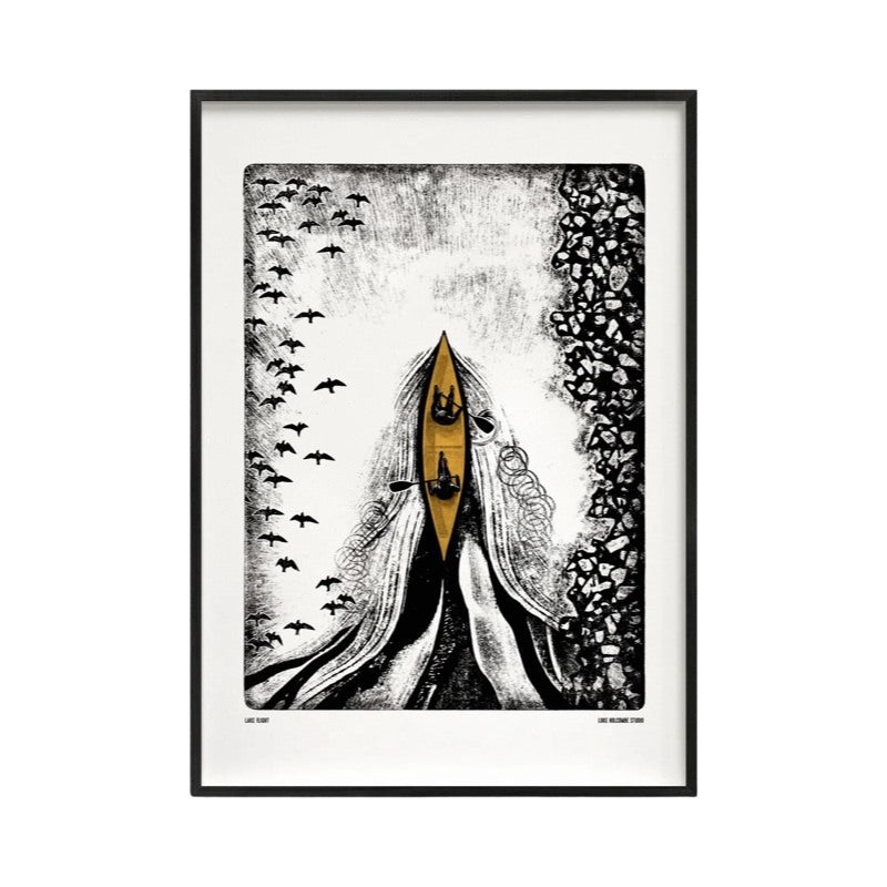 Monochrome print featuring a mustard-coloured two-man canoe being paddled down a river with birds flying overhead.
