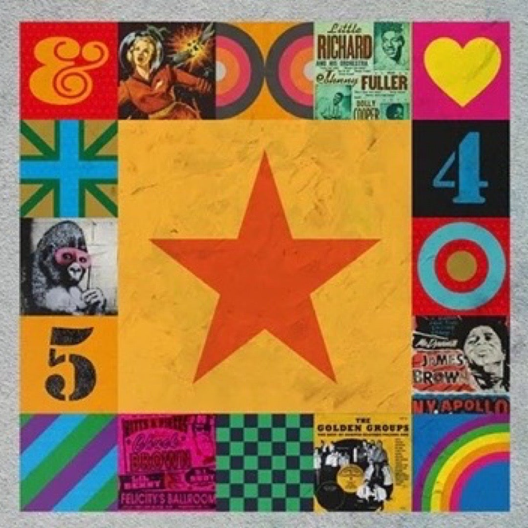 Colorful album cover with a star in the center, surrounded by various graphics and text.