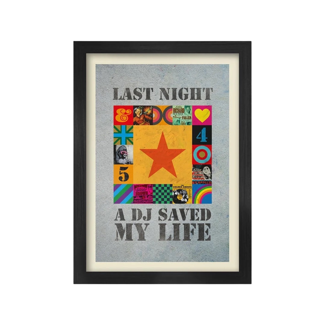 This print features a design inspired by the Indeep classic tune Last Night a DJ Saved My Life. 