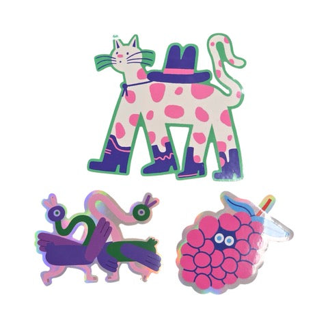 Three of Laura Morsley's stickers together.