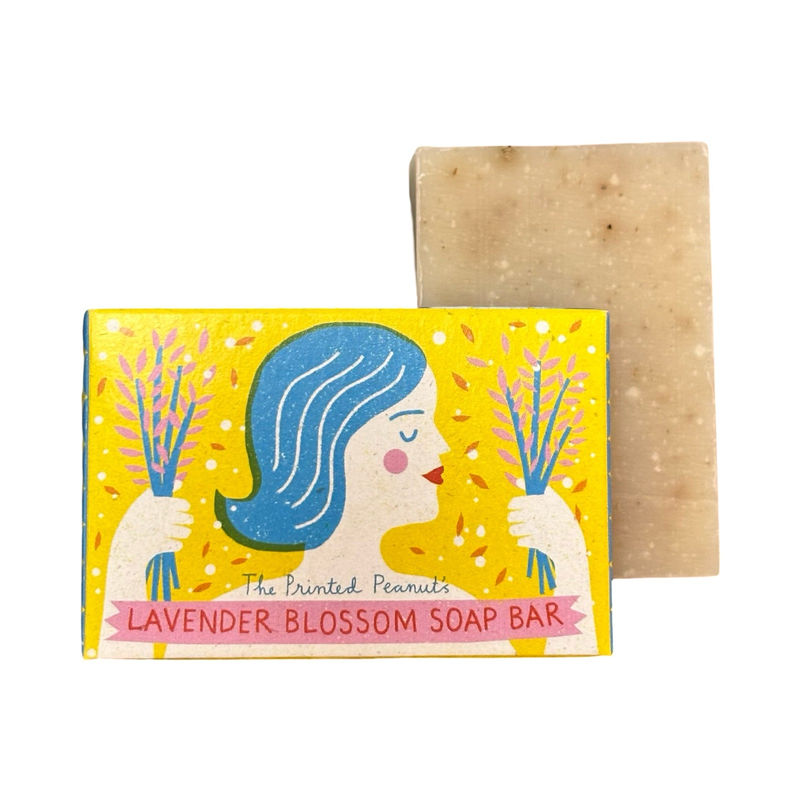 Soap bar with a colorful packaging featuring a woman's face and lavender blossoms on a white background.