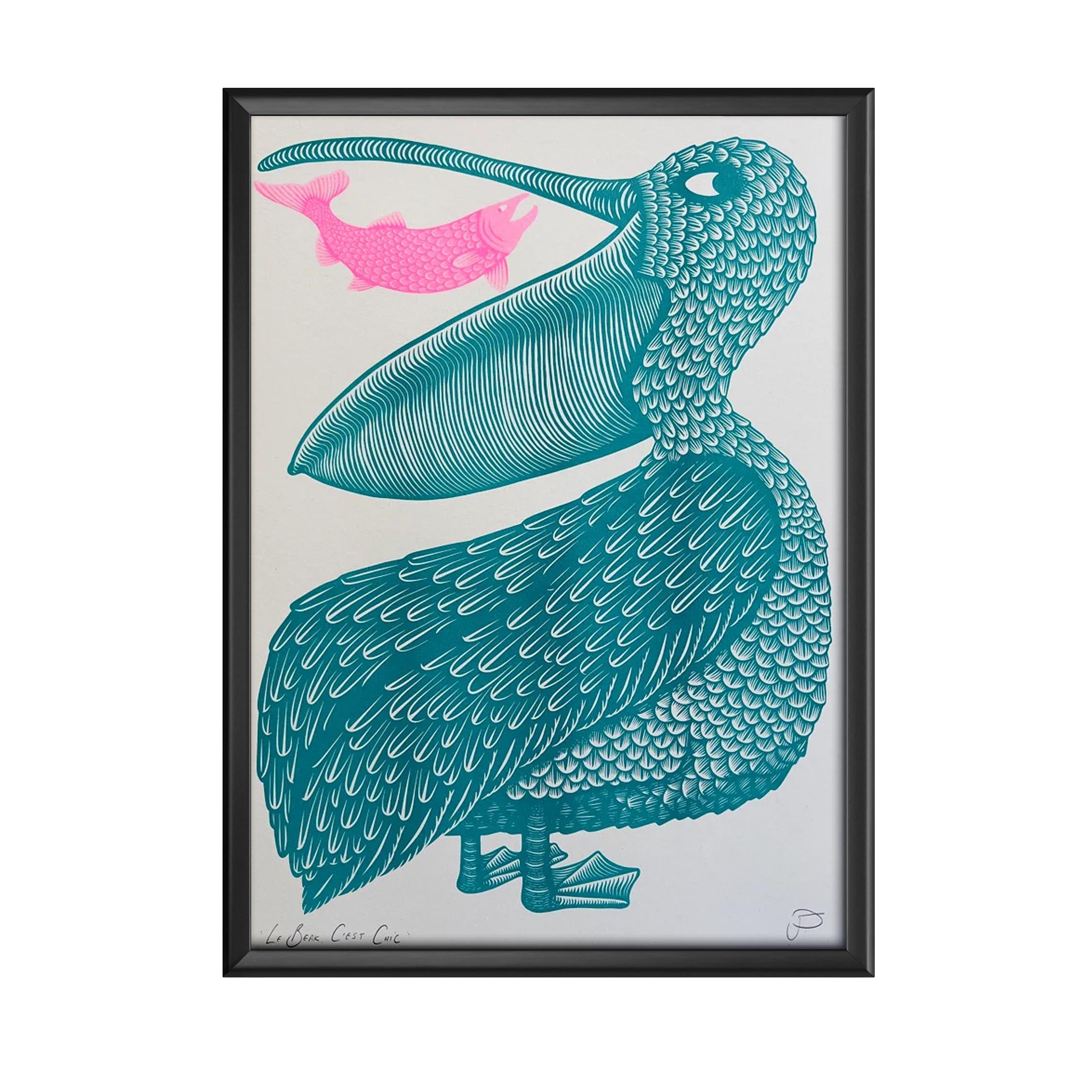 A risograph print featuring a giant teal pelican with a pink fish in its mouth in a black picture frame.