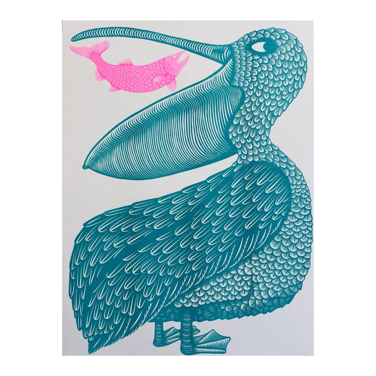 A risograph print featuring a giant teal pelican with a pink fish in its mouth.