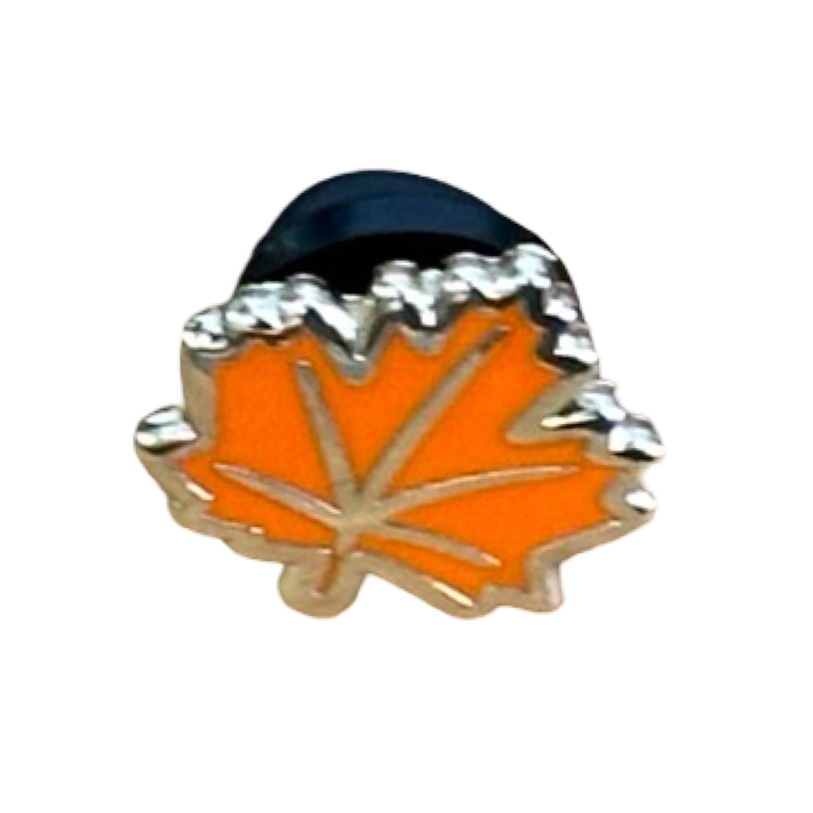 A set of three leaf-shaped enamel pin badges, one green, one orange and one lilac.