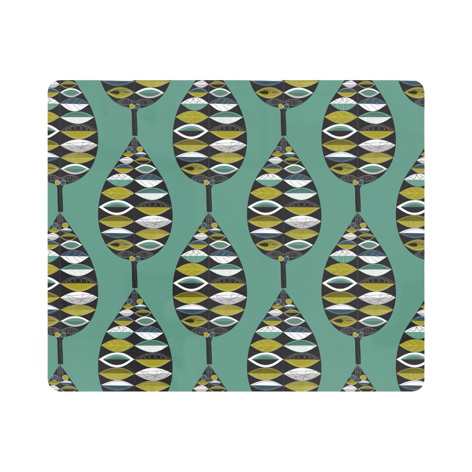 A rectangular placemat featuring midcentury-inspired leaves in a dark grey, mustard, teal and white design against a teal background.
