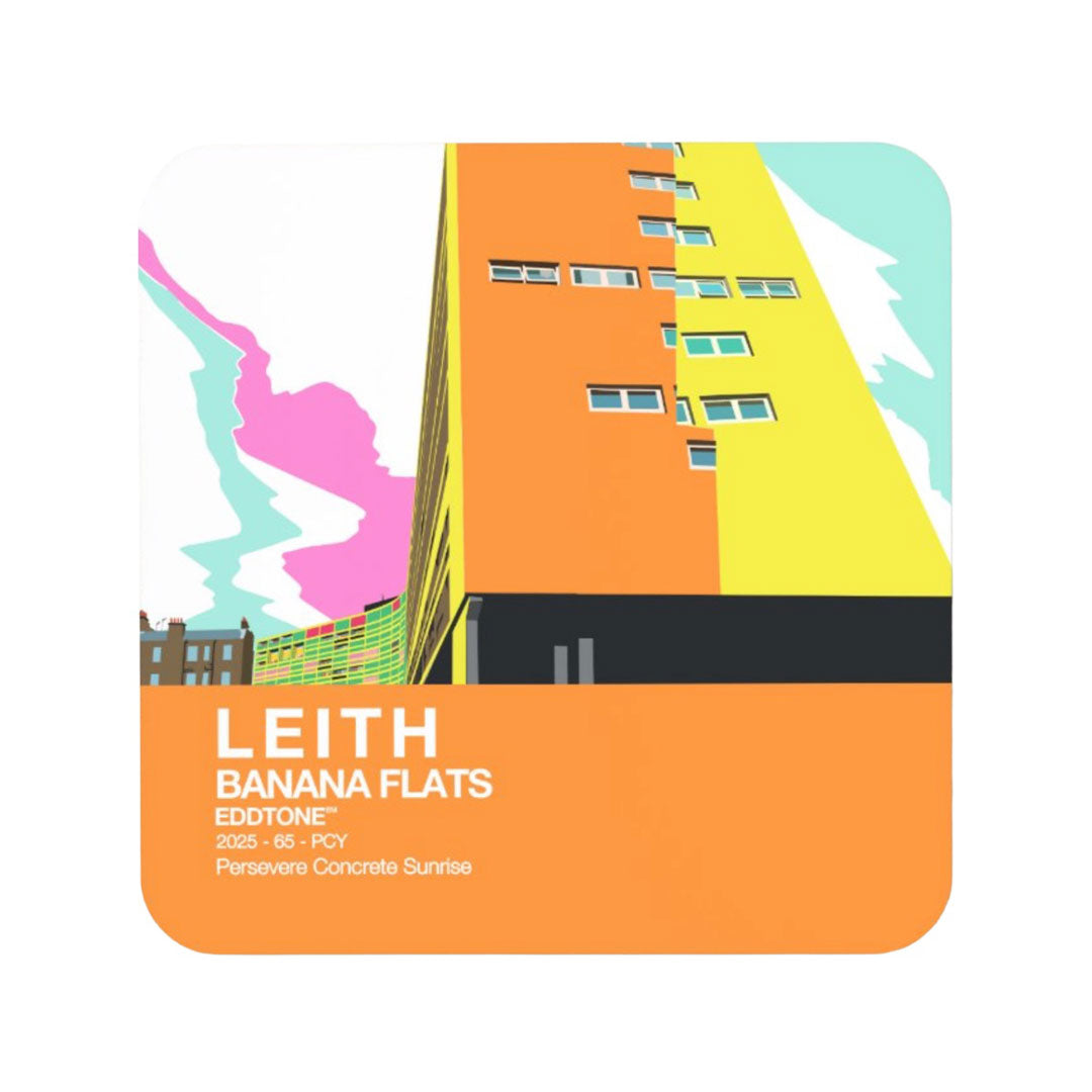 Coaster featuring an illustration of the Banana Flats in Leith, Edinburgh