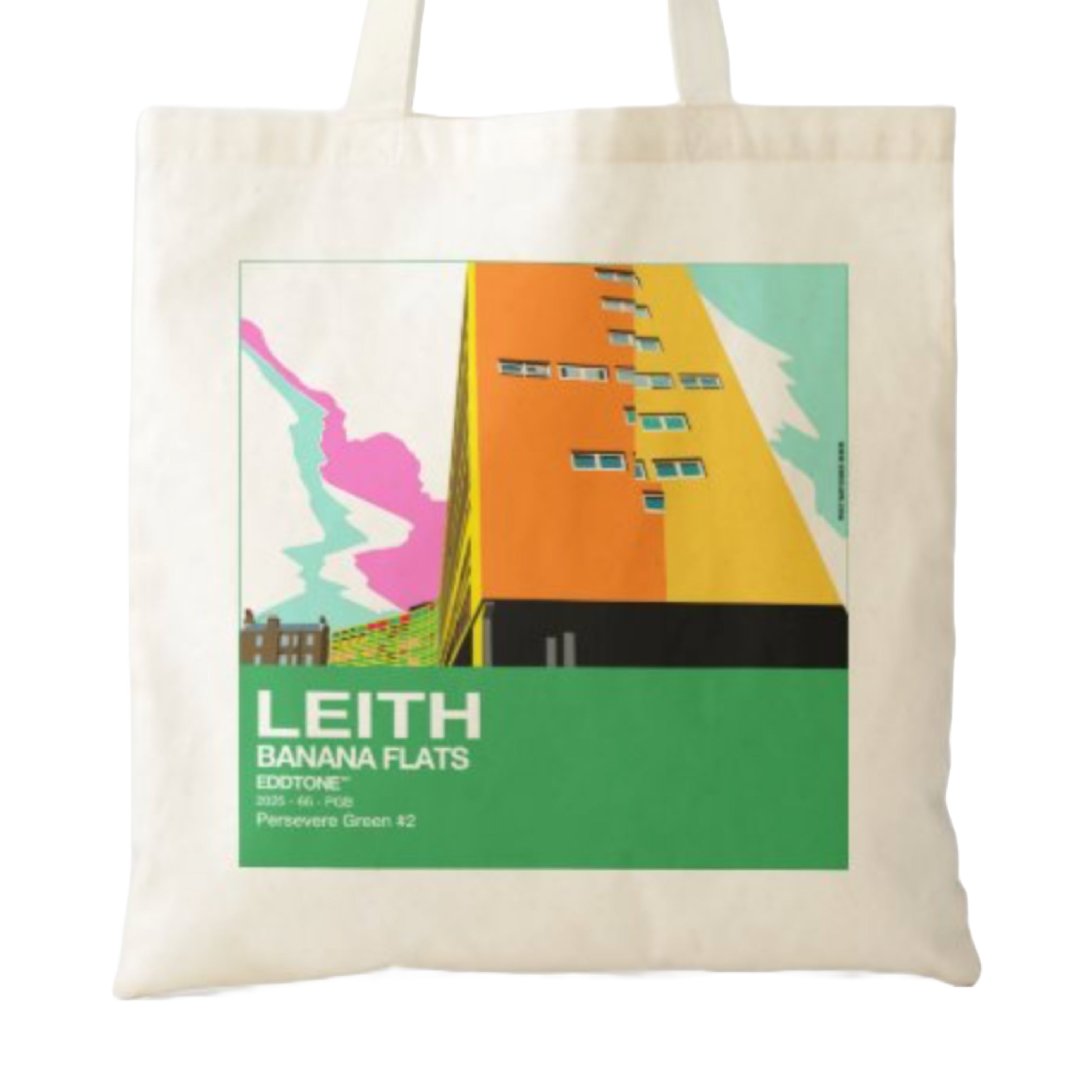 This is a tote bag with a square design featuring an illustration of famous banana flats building In Leith, Edinburgh. Designed by Eddscape and printed in the UK.