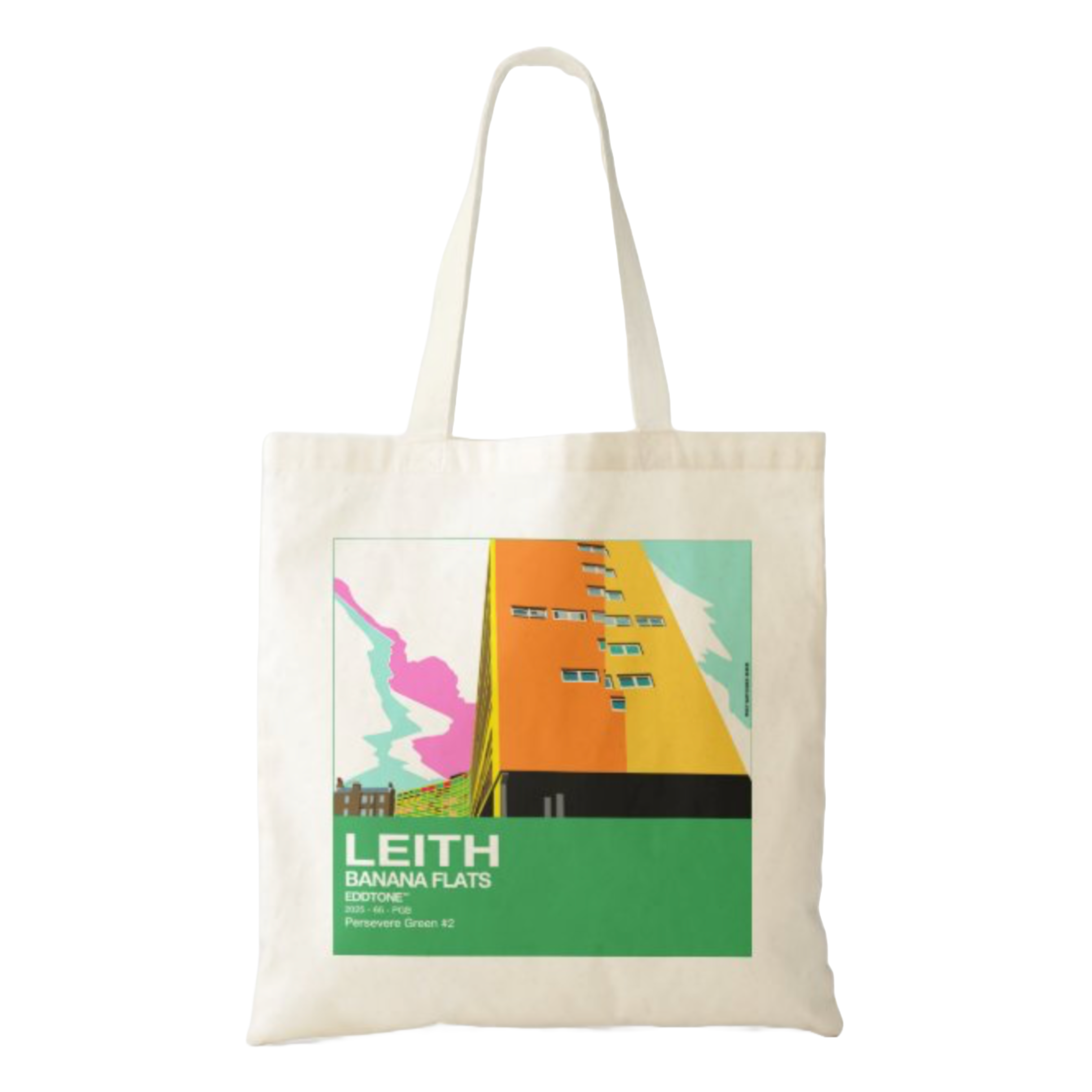 This is a tote bag with a square design featuring an illustration of famous banana flats building In Leith, Edinburgh. Designed by Eddscape and printed in the UK.