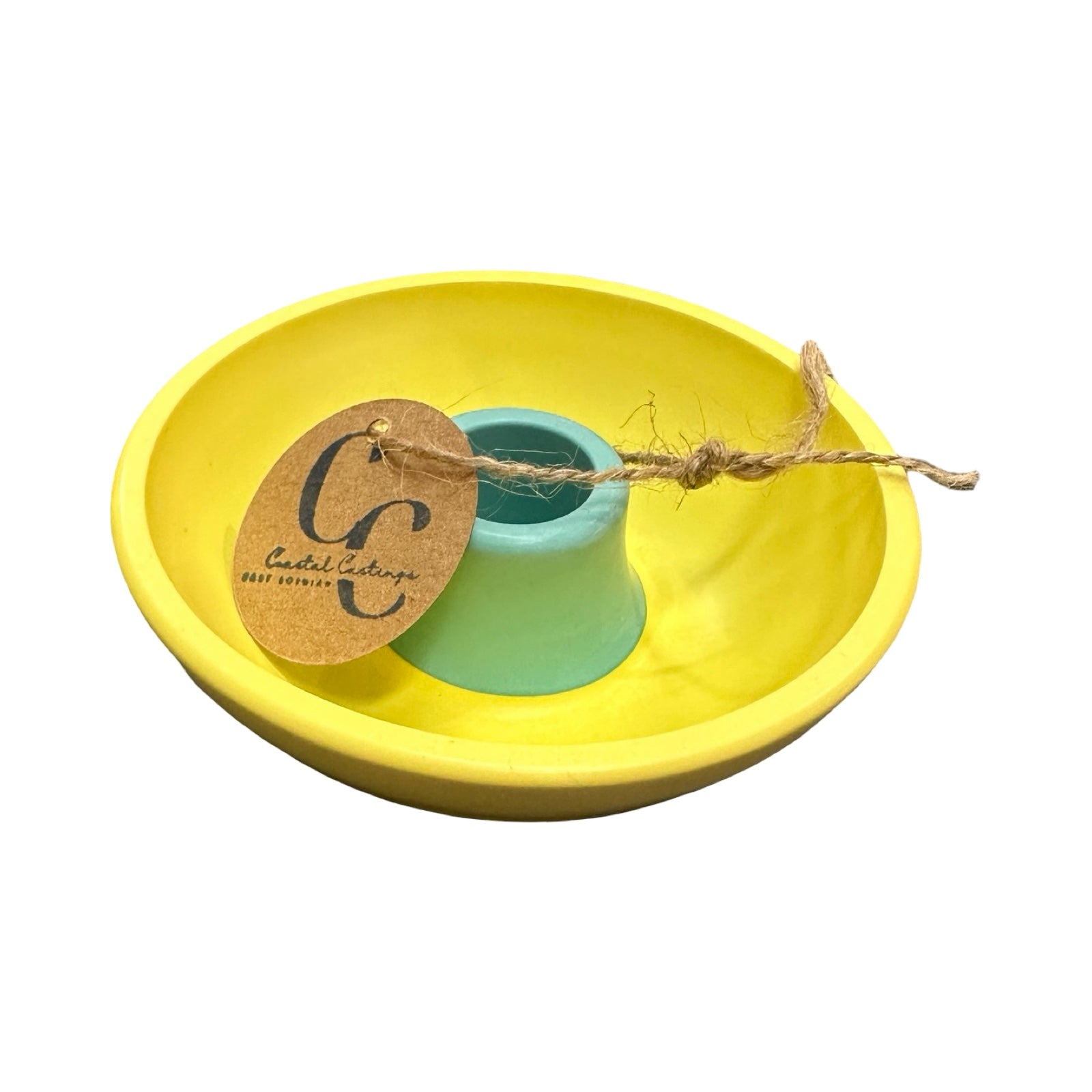Lemon and turquoise candle holder with tag.