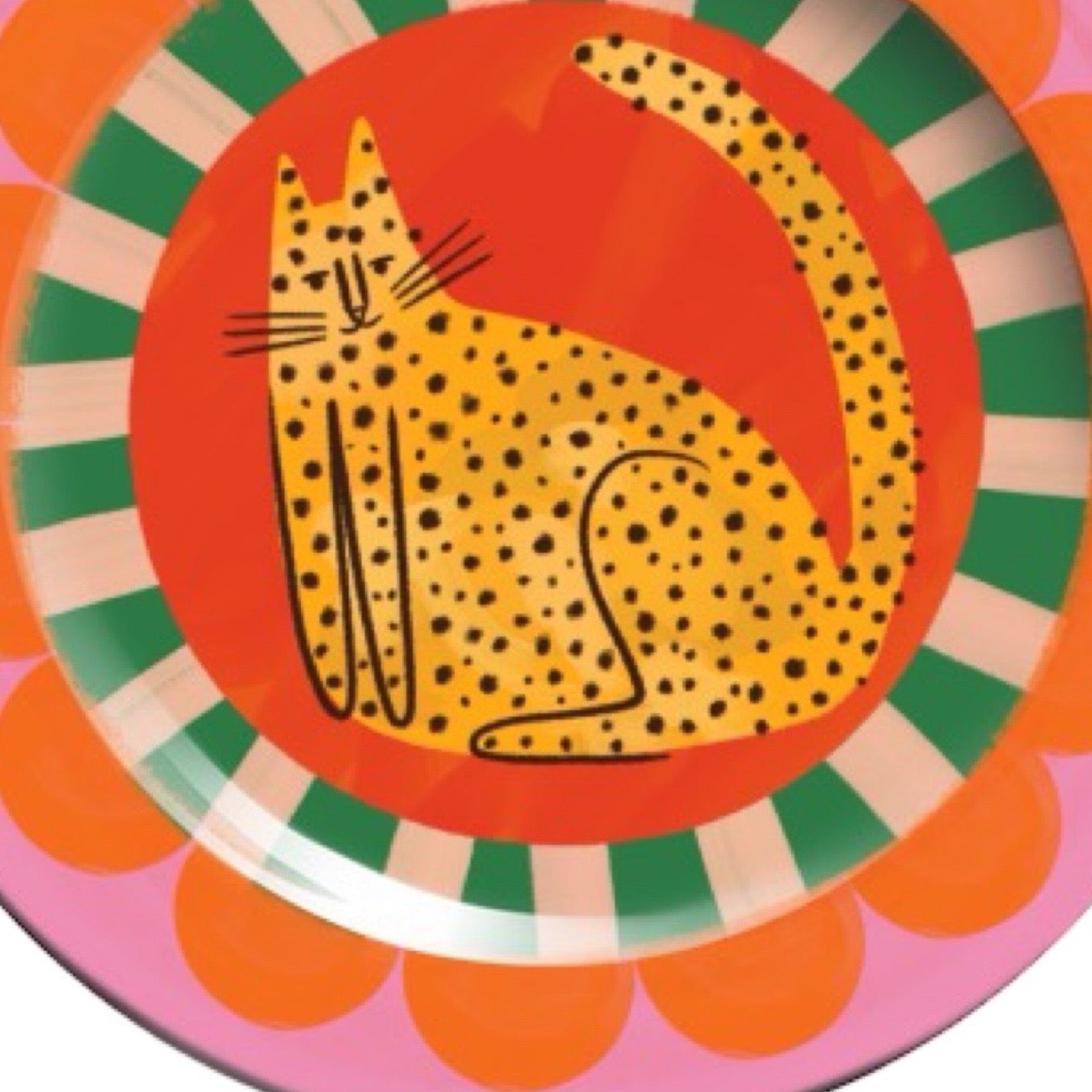 Colourful plate with a cheetah design on a white background.