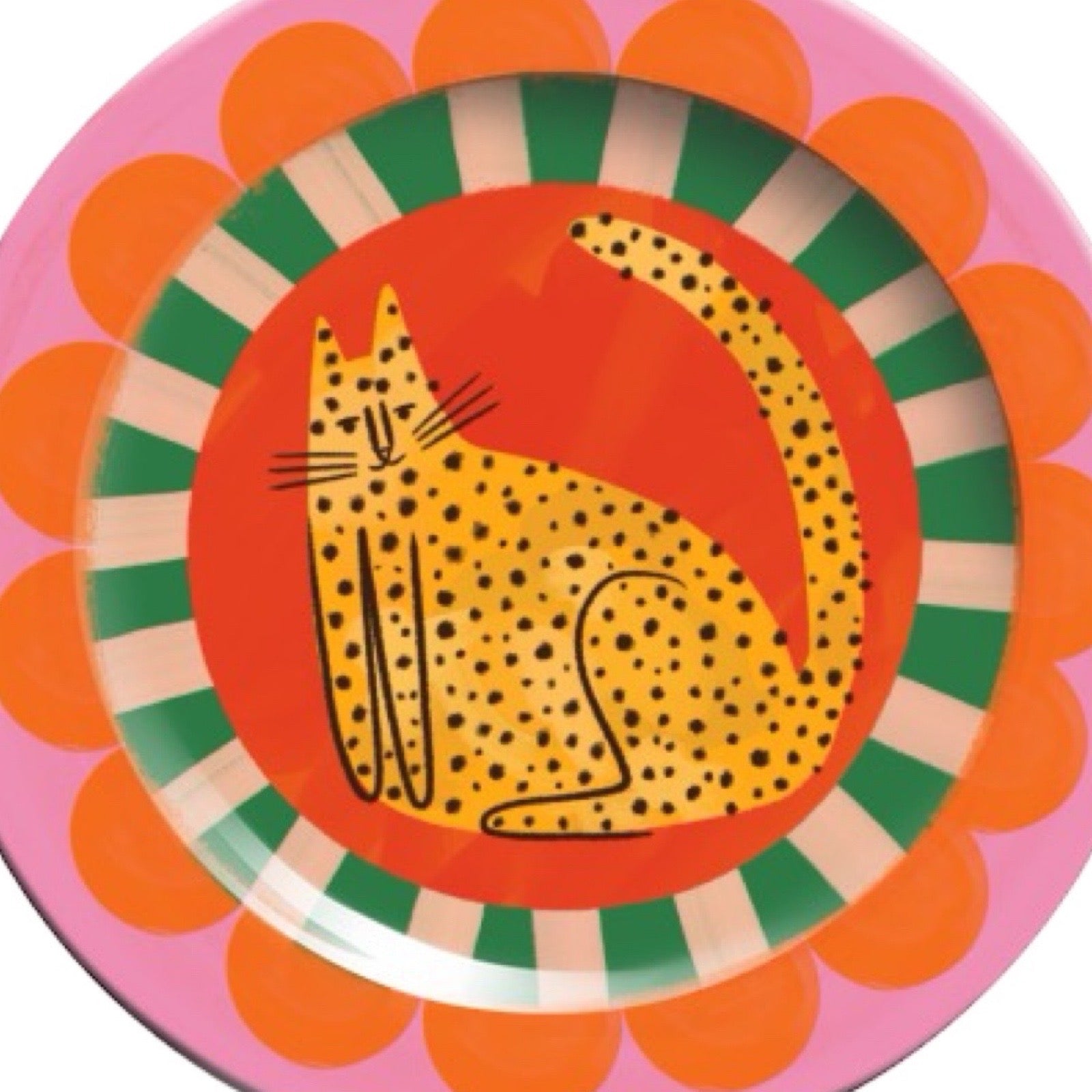 Colourful plate with a cheetah design on a white background.
