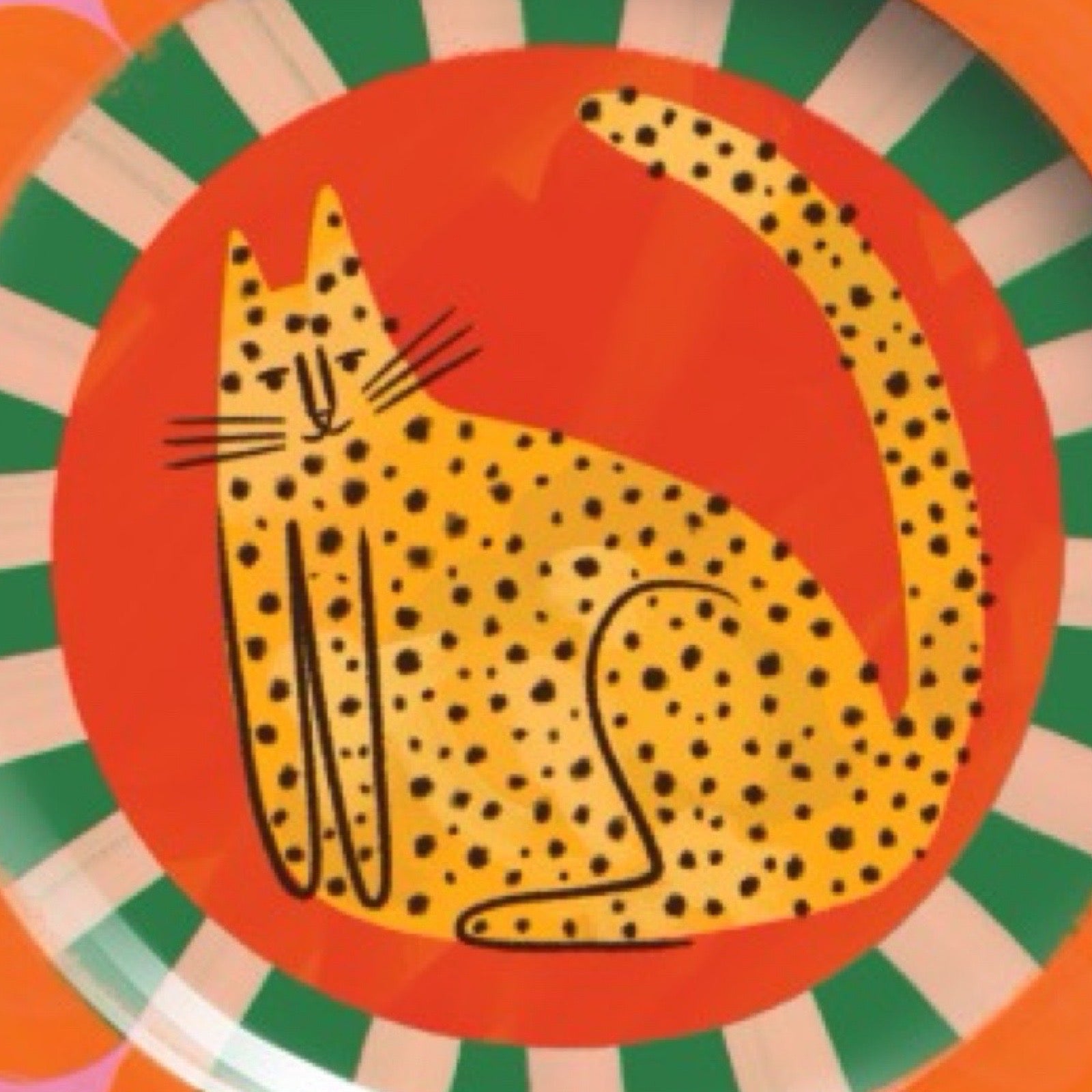Colourful plate with a cheetah design on a white background.