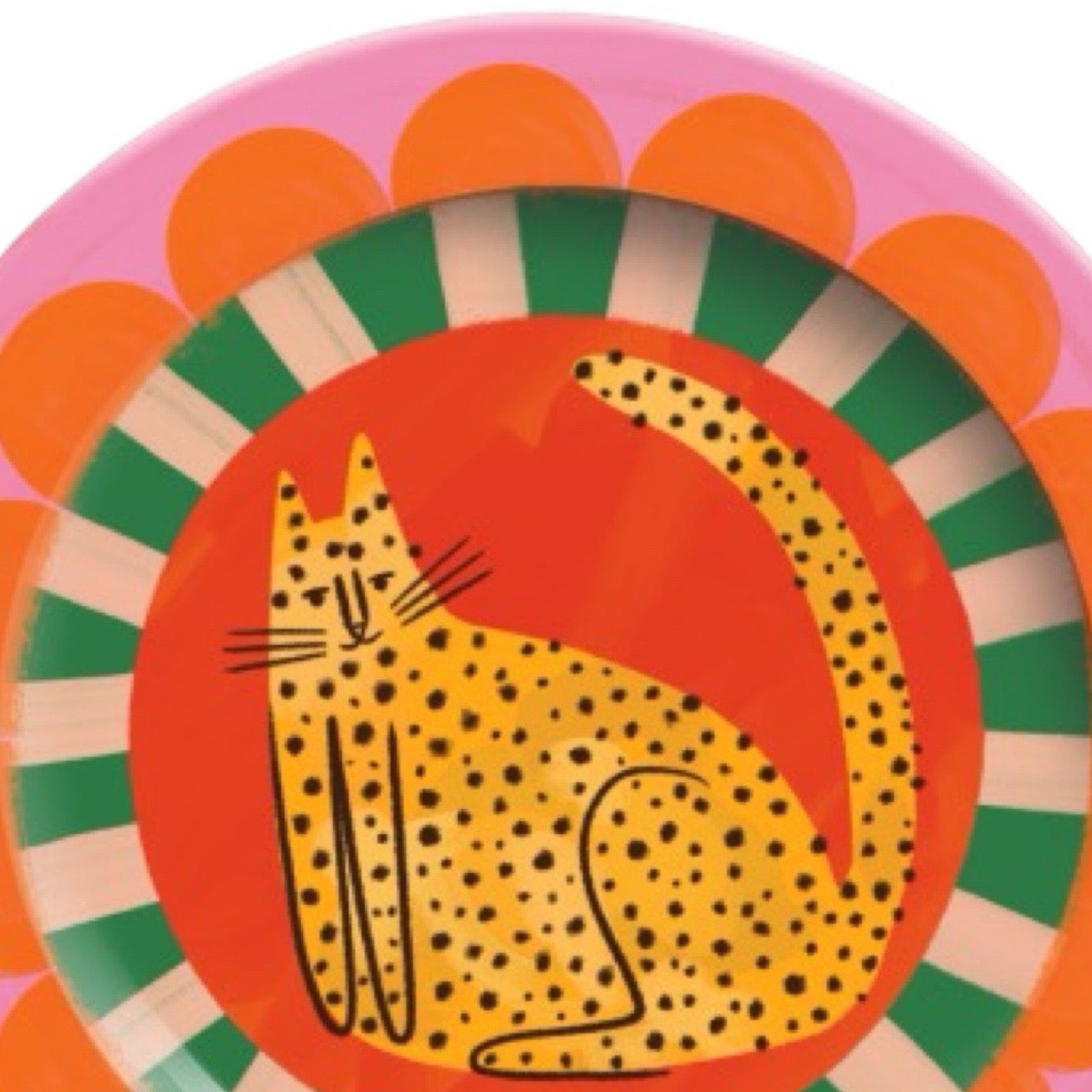 Colourful plate with a cheetah design on a white background.