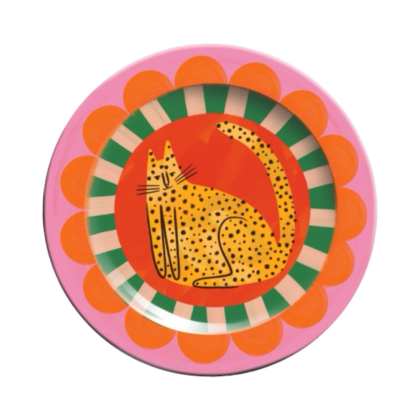 Colourful plate with a cheetah design on a white background.
