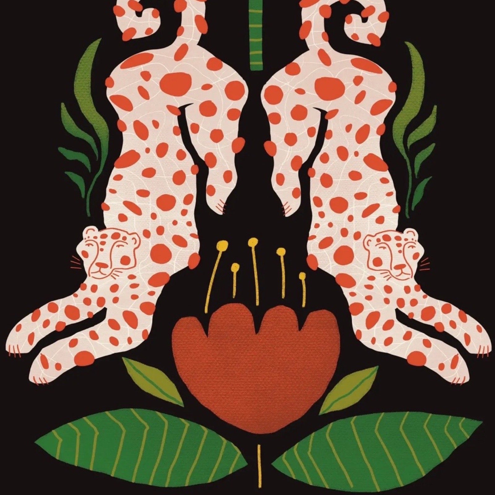 Illustration of two leopards with red spots sitting on a red flower with green leaves against a black background.