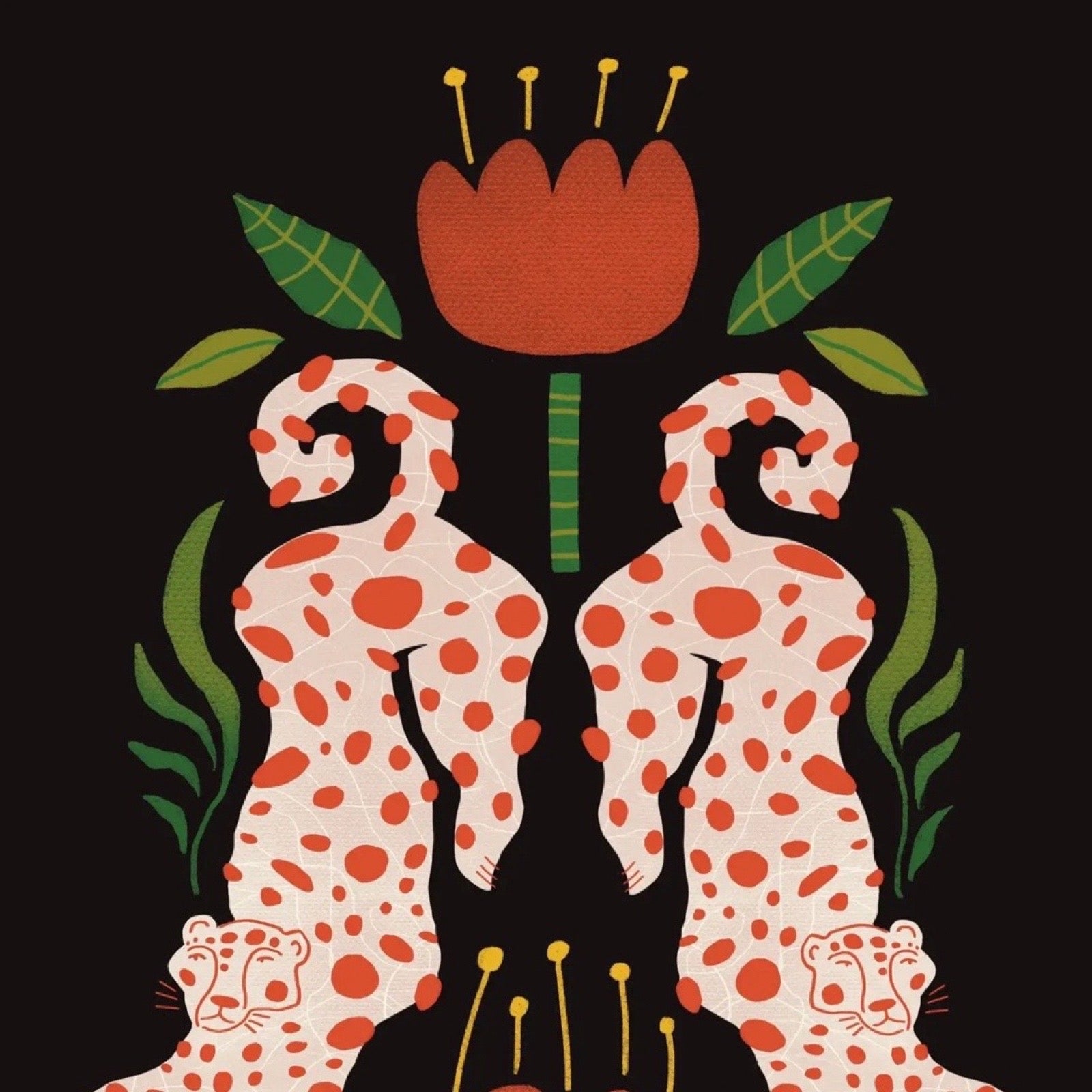 Illustration of two spotted animals with a red flower and green leaves on a black background.