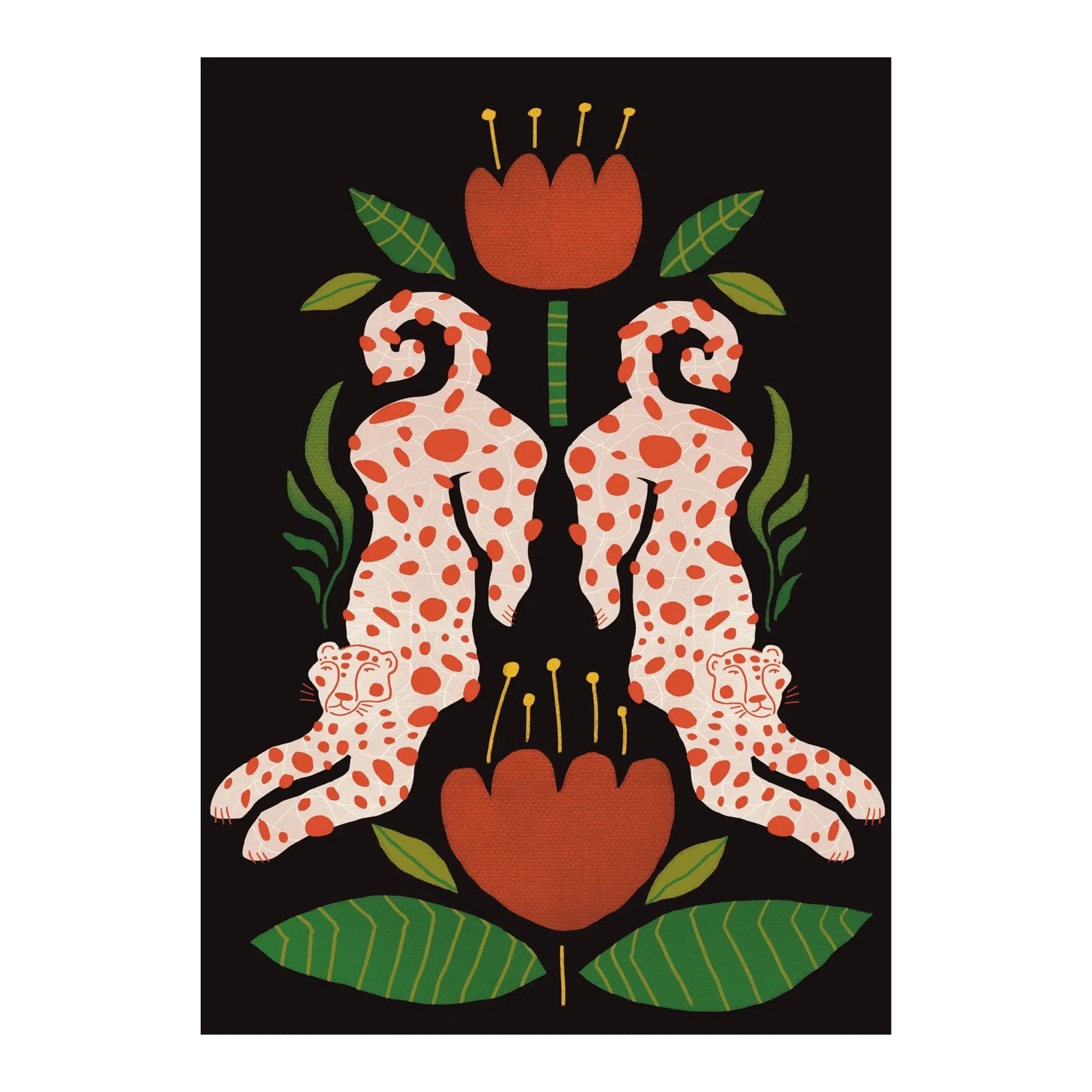 This art print features two white leopards with red spots, a large red flower, and green foliage above and below, all against a black background