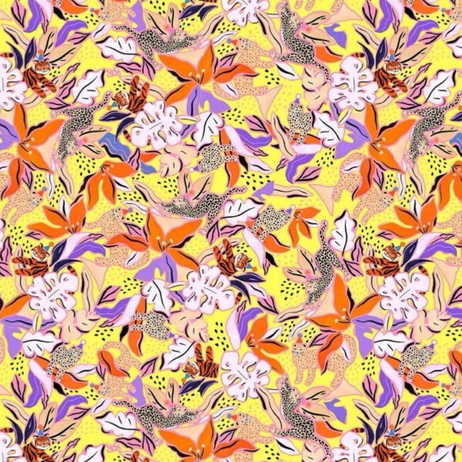Wrapping paper featuring black and white leopards surrounded by orange, lilac and white flowers on a yellow background.
