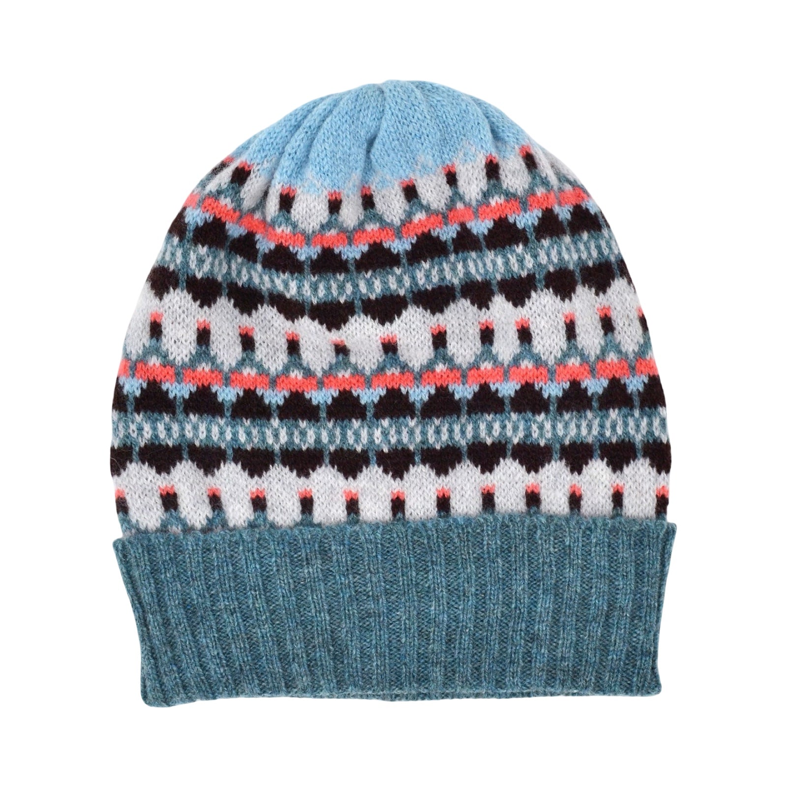 This blue, navy, pink and white striped woollen hat is handmade using only the softest Scottish spun lambswool.