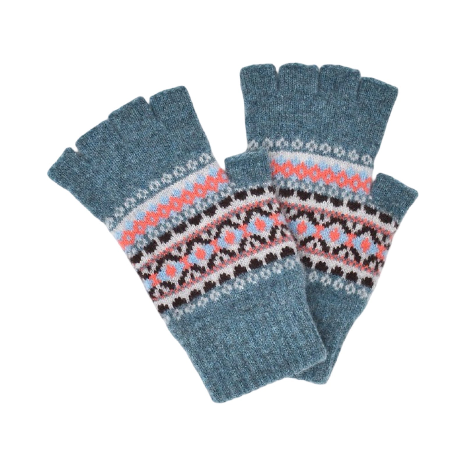 Ladies' denim coloured fingerless gloves with a contemporary pattern in pink, navy and white are made from 100% lambswool.