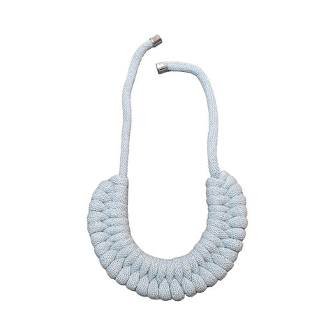 A hand-knotted style necklace made by hand from 100% recycled light blue cotton cord with a magnetic metal fastening. 