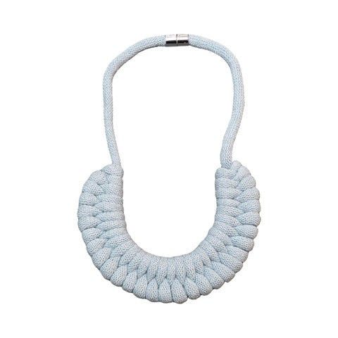 A hand-knotted style necklace made by hand from 100% recycled light blue cotton cord with a magnetic metal fastening. 