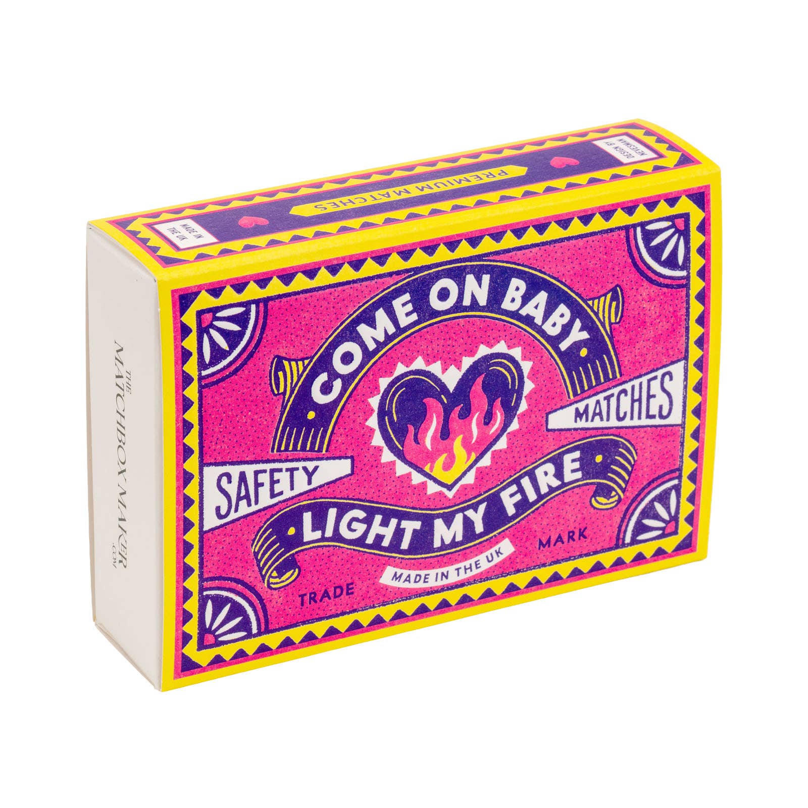 Matches box with colourful design and text on a white background.