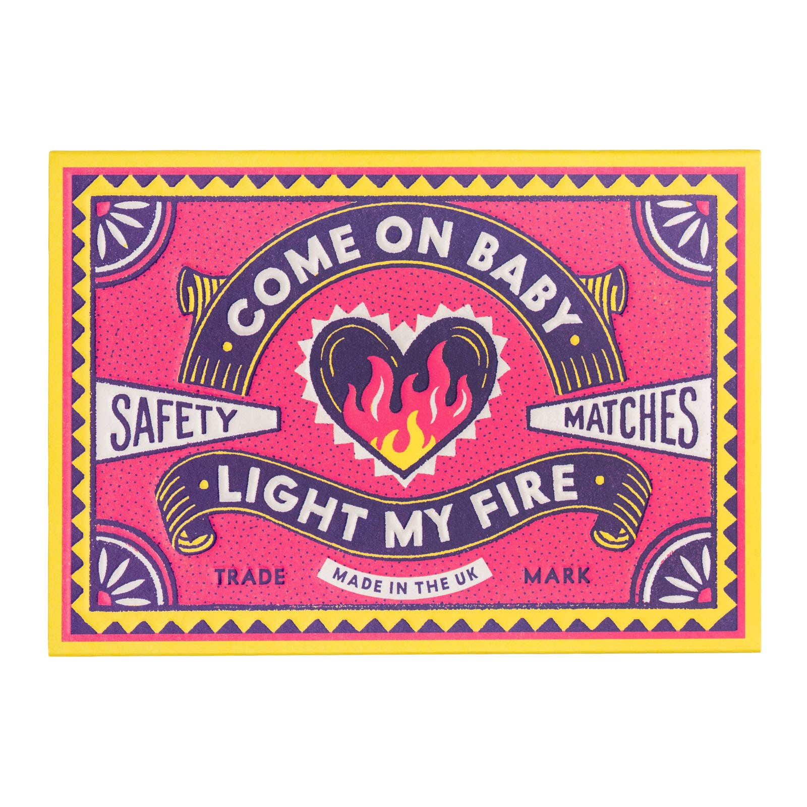 Matches box with a heart design and text on a pink background.