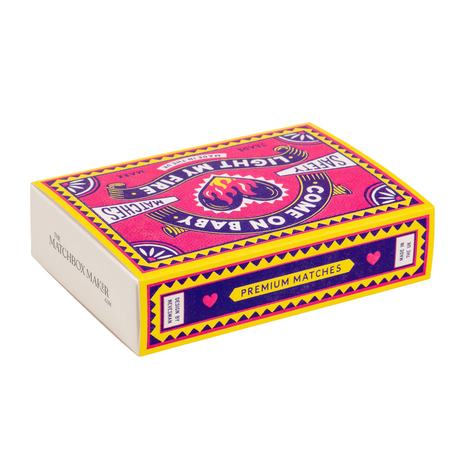 Box of matches with colourful design on a white background.