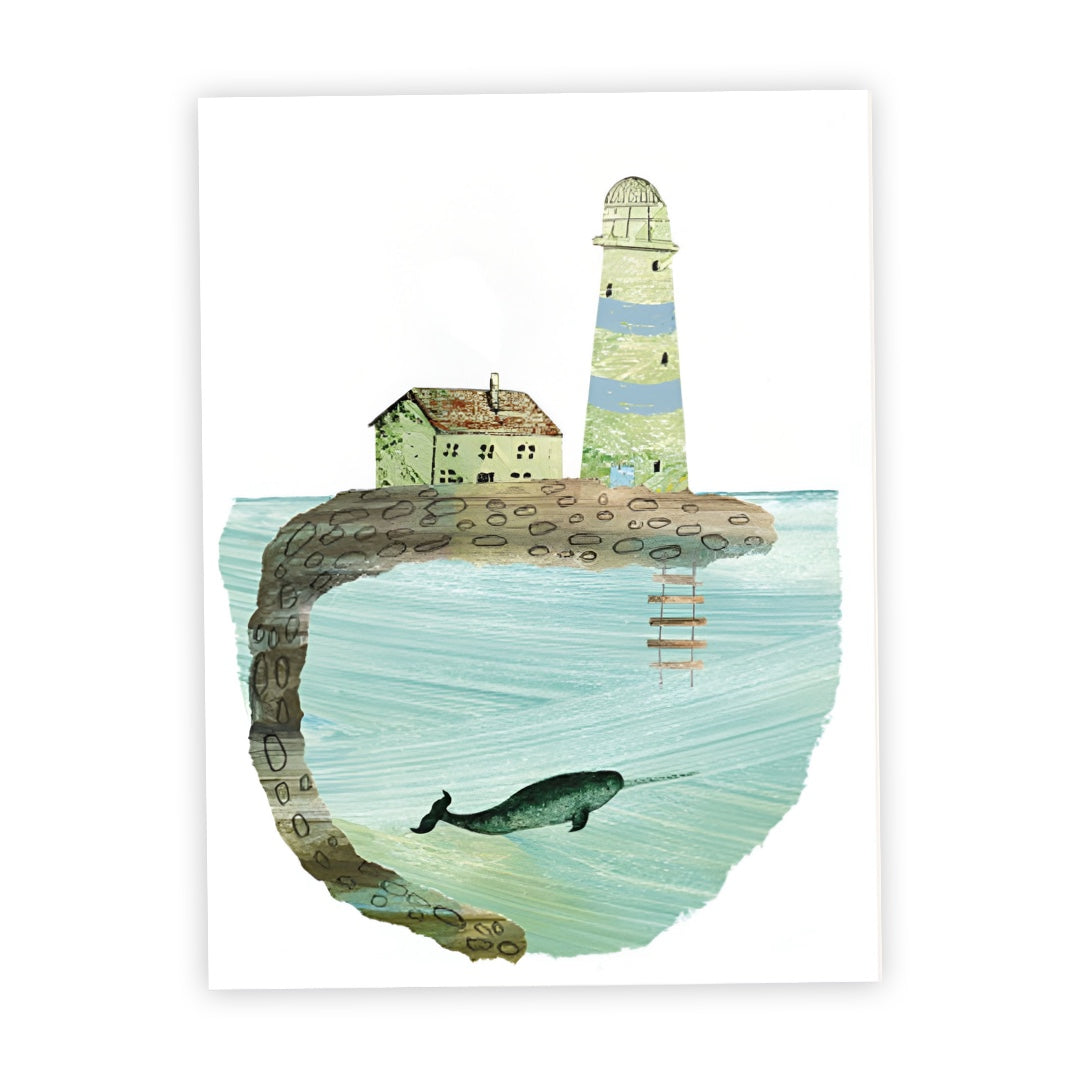 This print features an illustration of a green and blue striped lighthouse and a cottage at the end of a pier with a narwhal swimming in the sea below