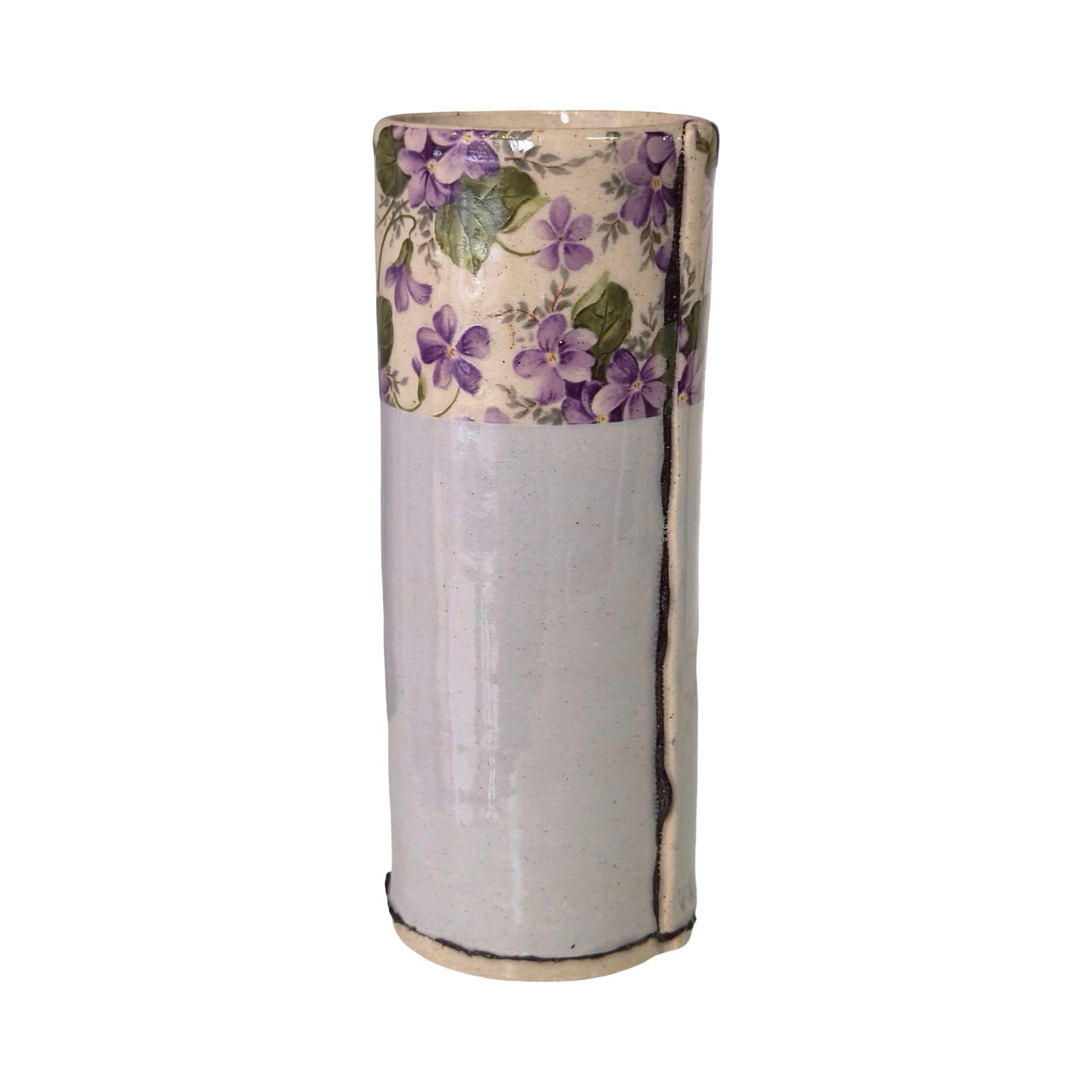 Cylindrical ceramic vase with floral pattern on a white background.