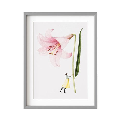 Floral mounted print featuring a beautiful illustration of a fabulously dressed lady holding a giant pink lily.