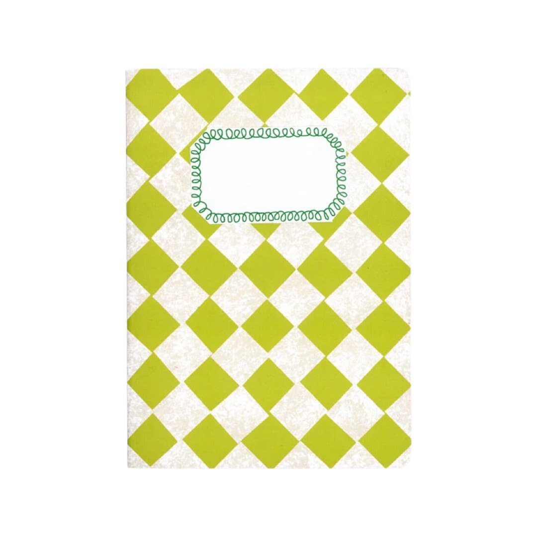 An A5 lime green and white checked notebook.