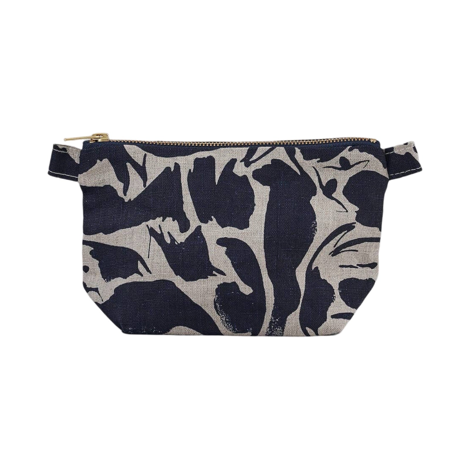 Small linen toiletry bag with a navy animal print.