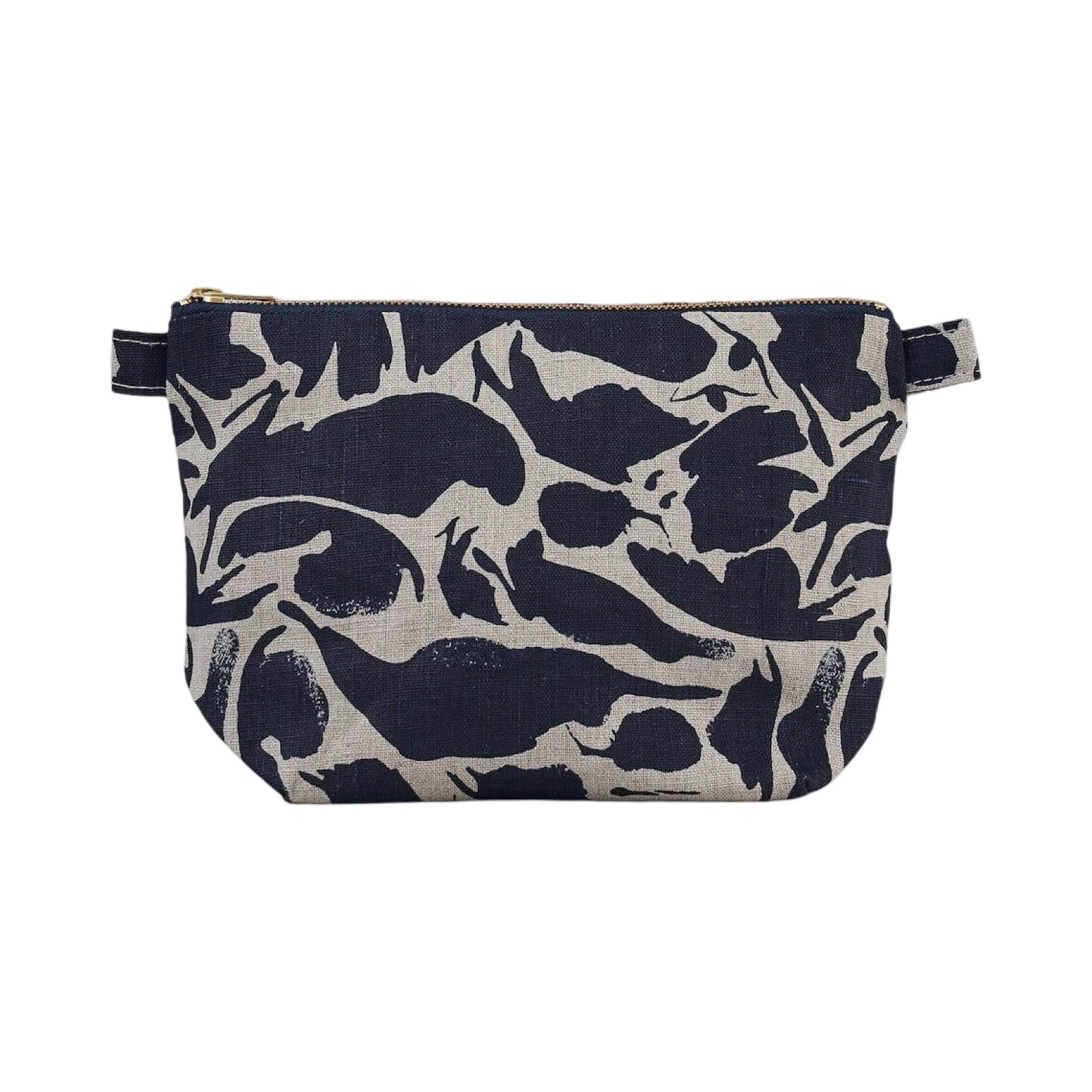 Large linen toiletry bag with a navy animal print.