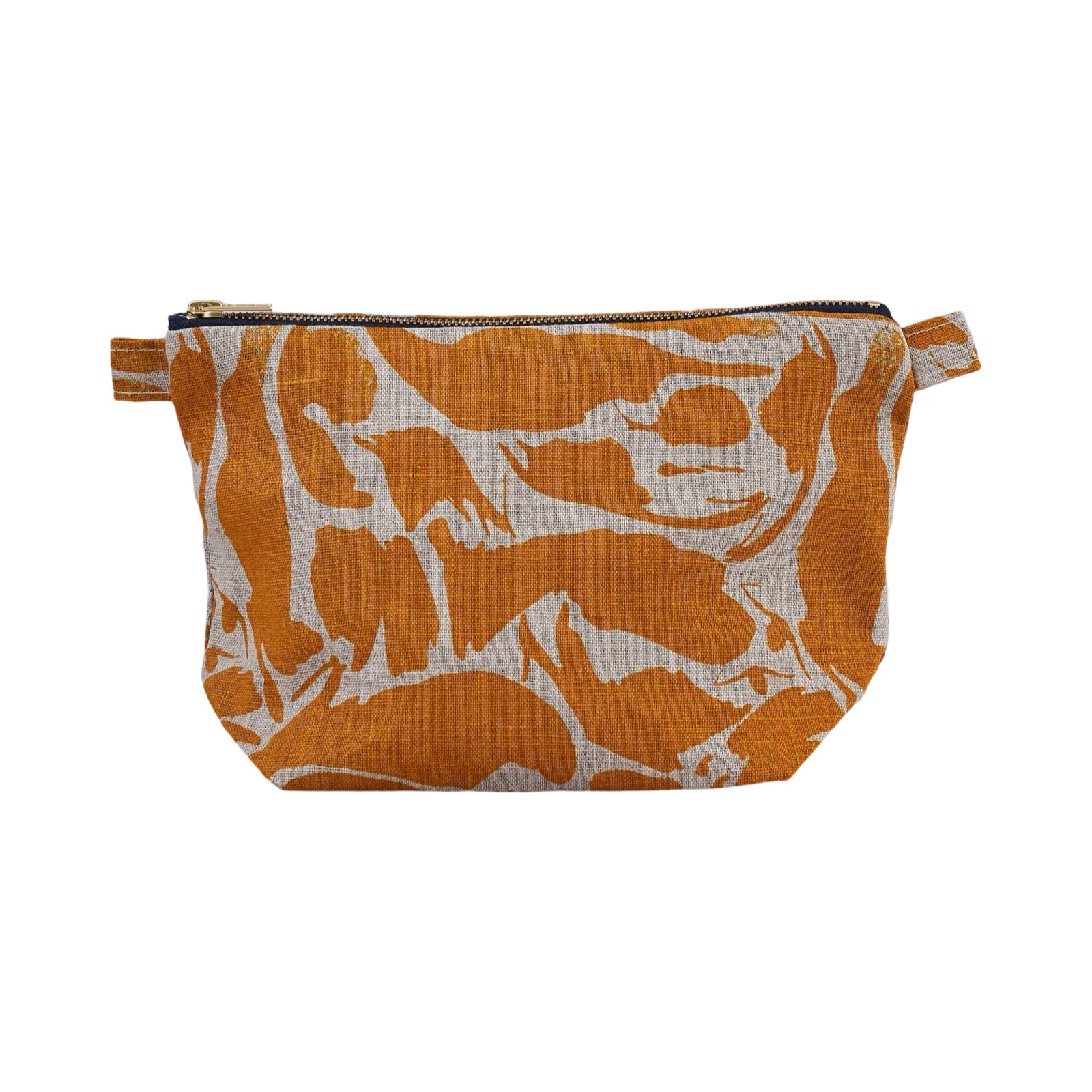 Large linen toiletry bag with a mustard animal print.