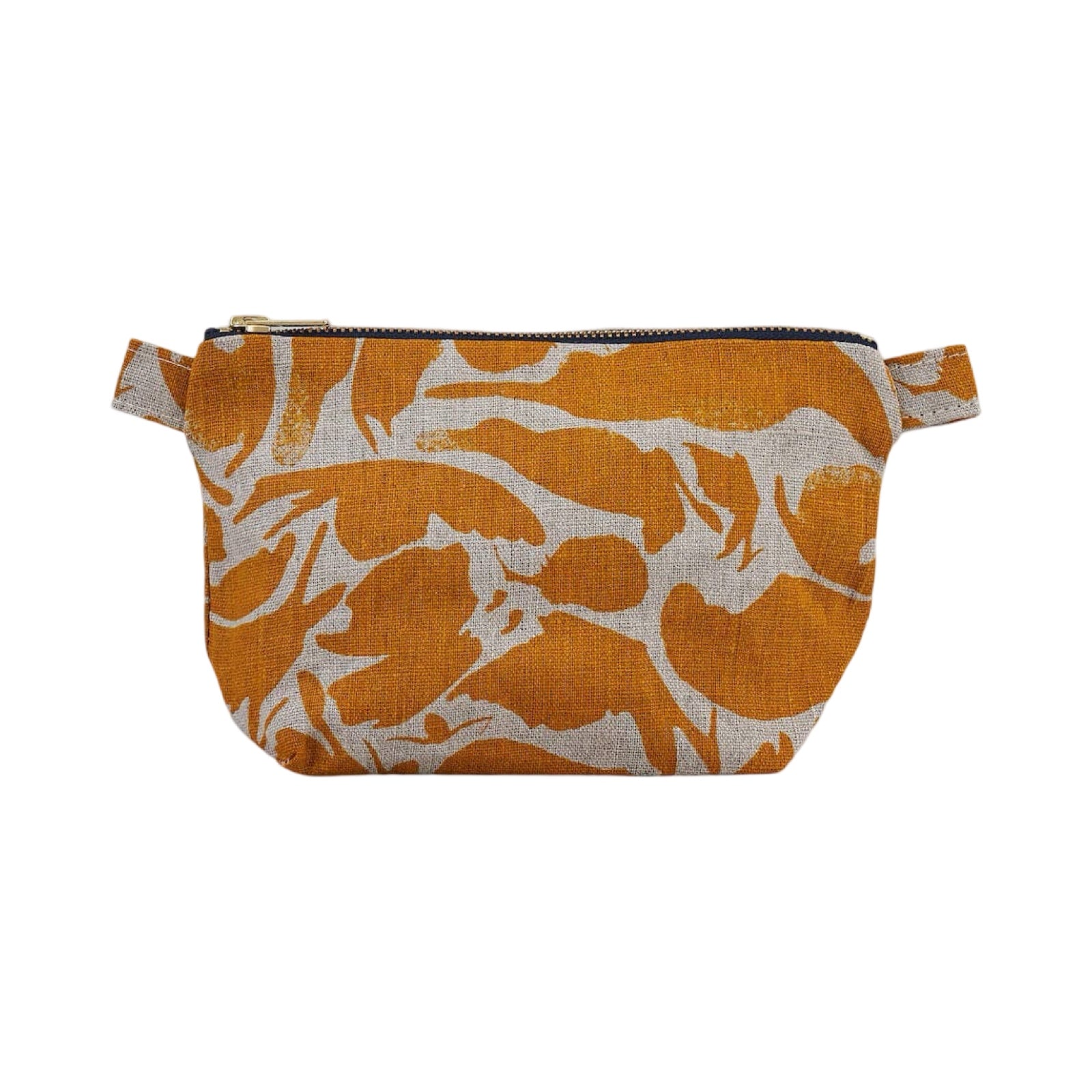 Small linen toiletry bag with a mustard animal print.