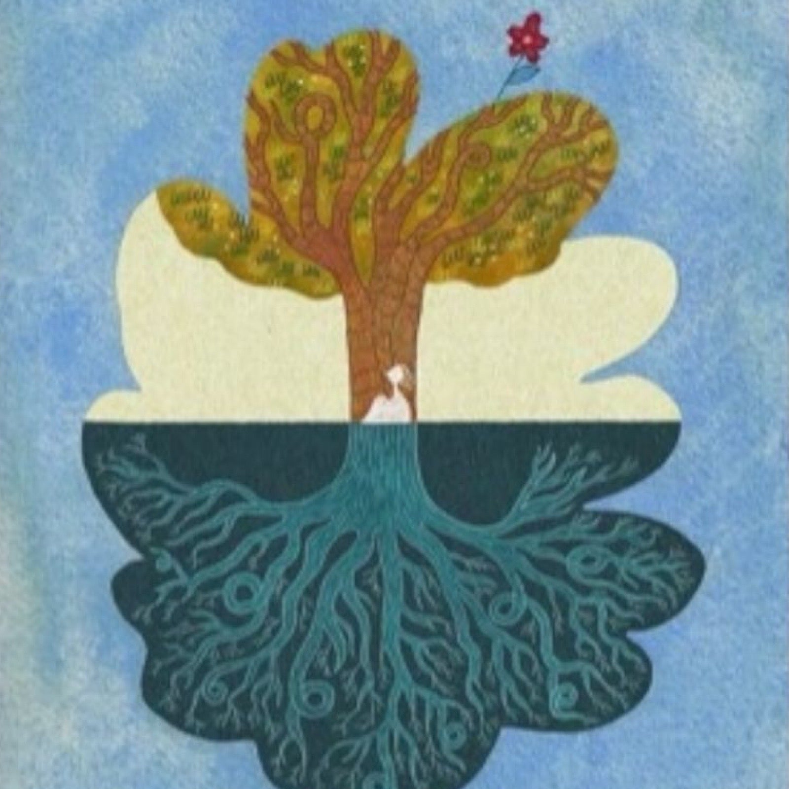 Folk print of a person dressed in orange with a tree under and over the ground for a head surrounded against a pale blue background.