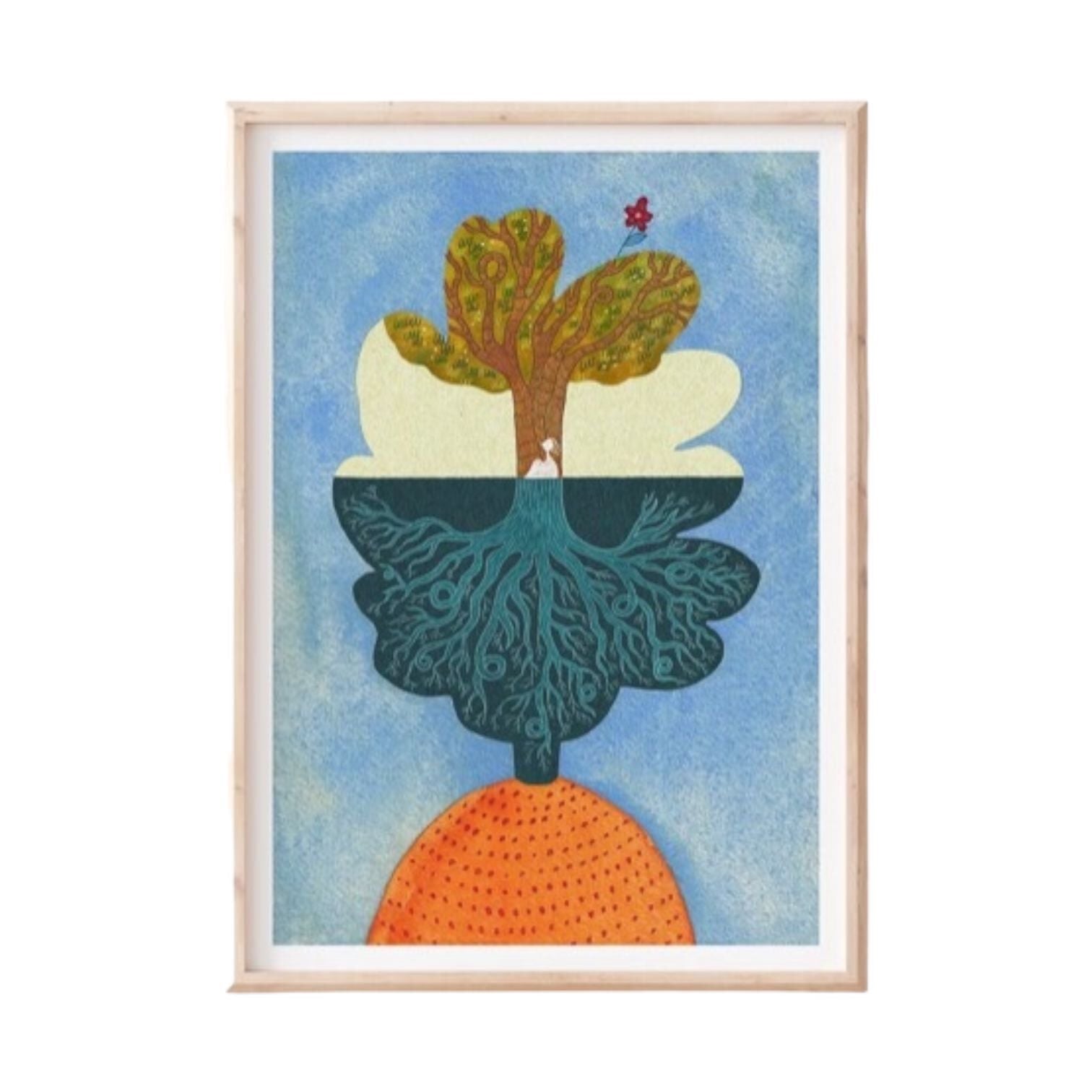 Folk print of a person dressed in orange with a tree under and over the ground for a head surrounded against a pale blue background.