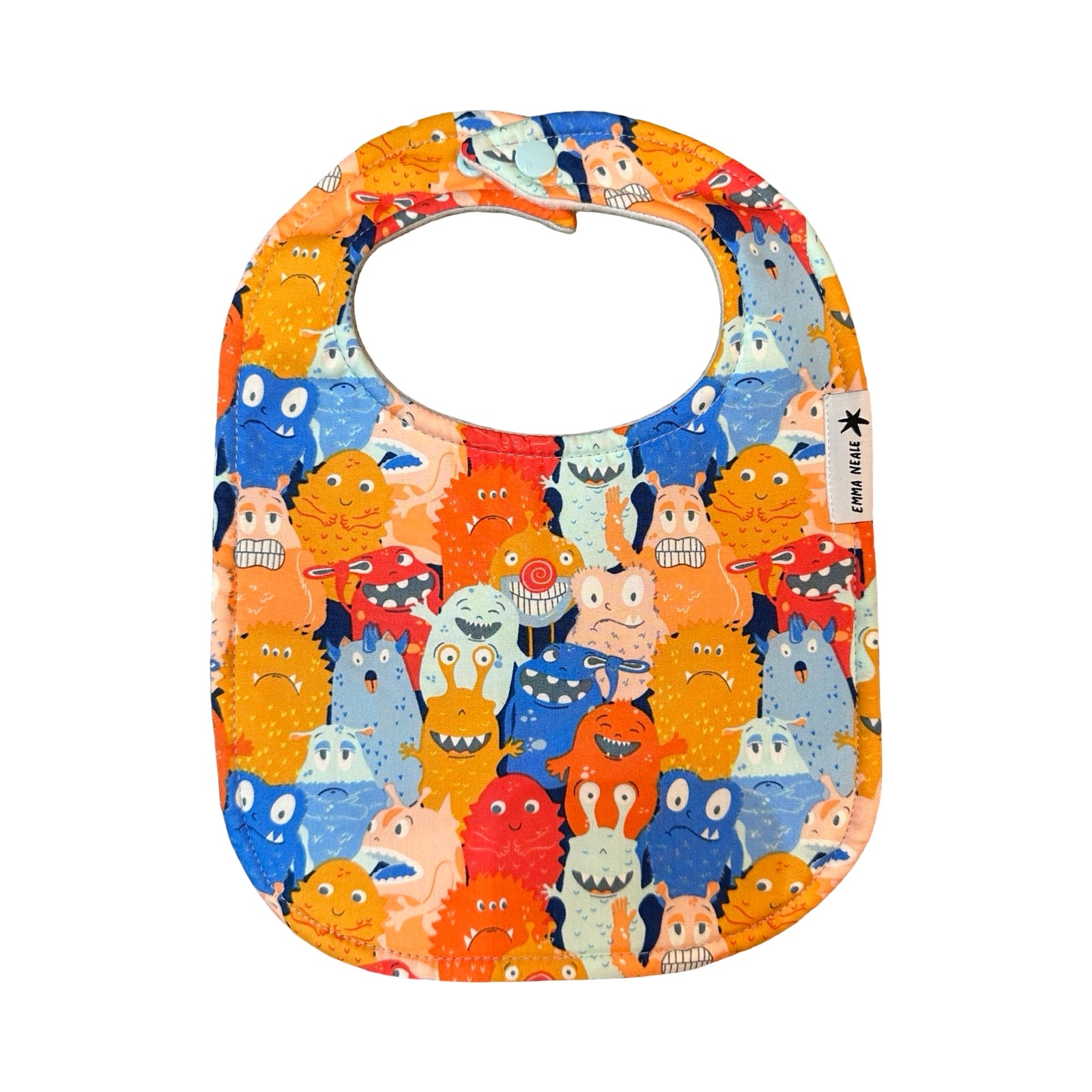 Traditional style bib in colourful little monsters fabric with adjustable neck fasteners.