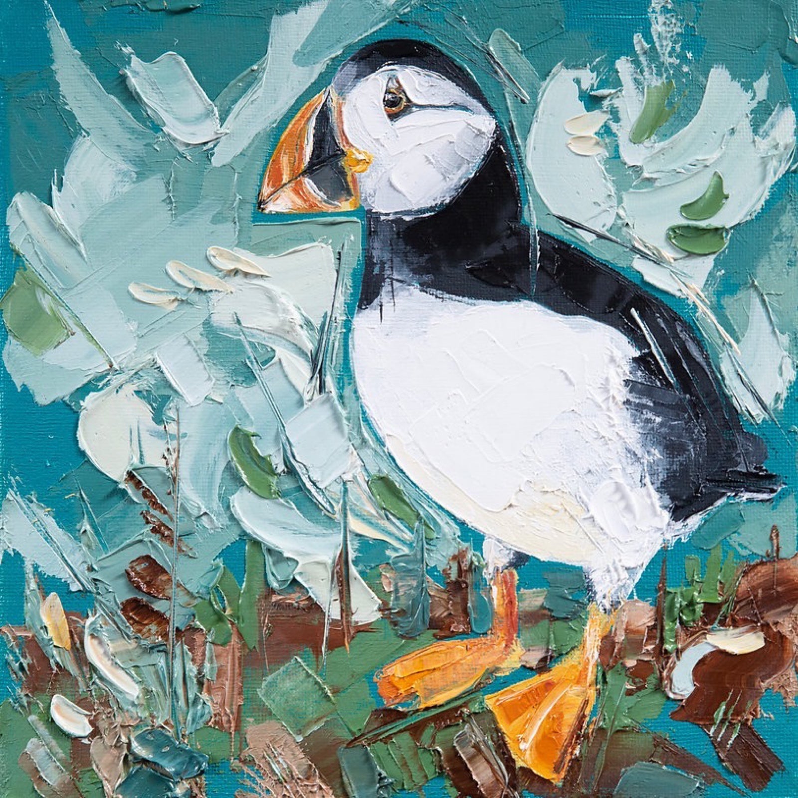 This square print features a puffin standing on grass under a cloudy sky.